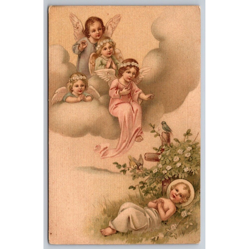 Postcard Christmas Compliments of the Season Angels Baby Jesus c1910 Antique
